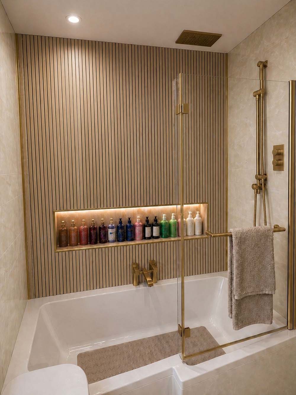 AI bathroom design with wood style cladding
