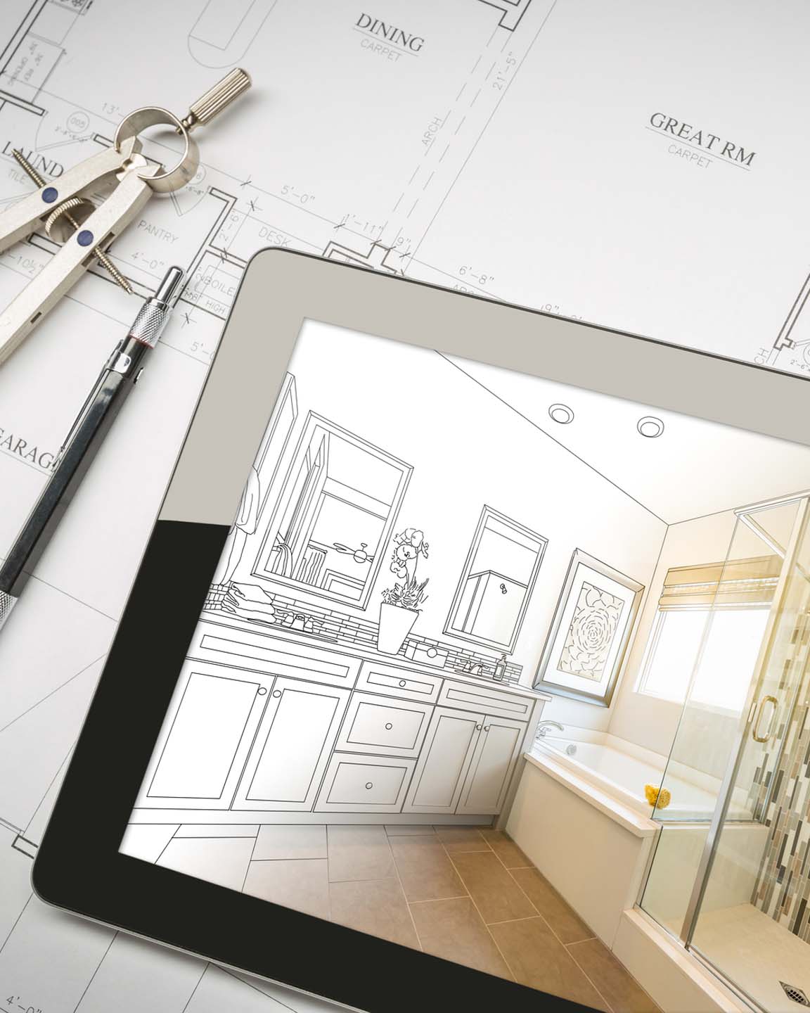 Computer Tablet with Master Bathroom Design Over House Plans, Pencil and Compass.